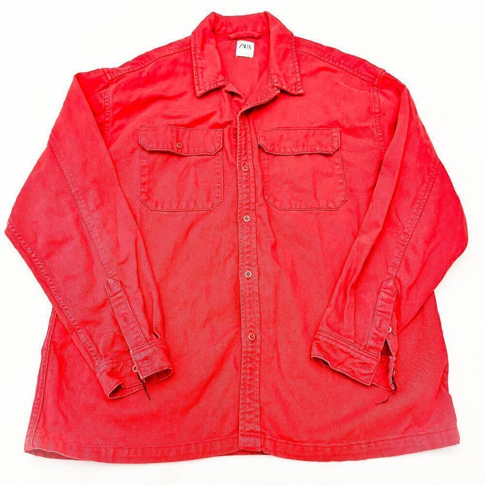 Zara Red Button Down Shirt Jacket 100% Cotton Size XL